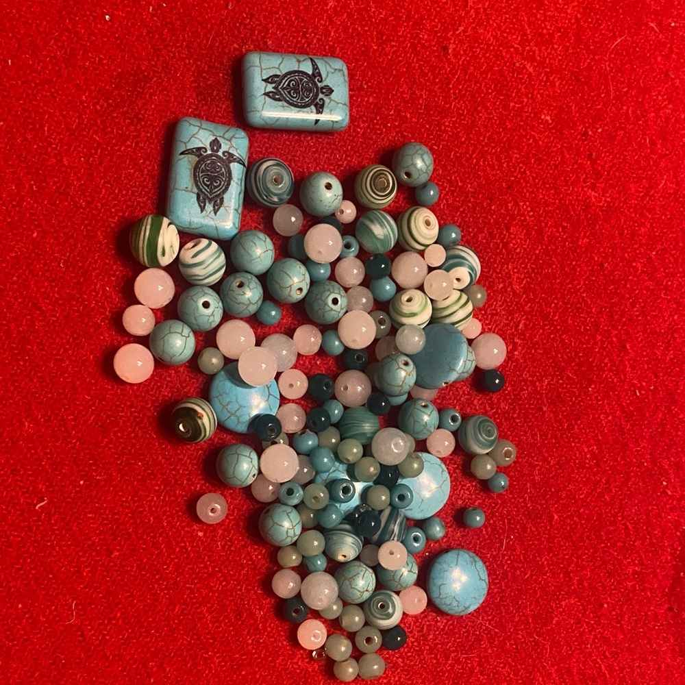 Assortment of faux AQUA’s turquoise *sea turtle beads and glass or stone beads
